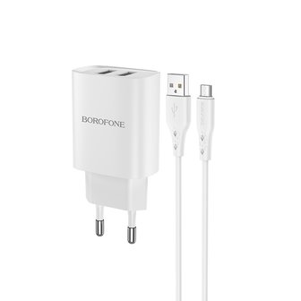 BOROFONE BN2 Super Fast Oplader 2-poorten + Micro-USB Kabel Wit