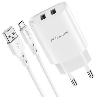 BOROFONE BN2 Super Fast Oplader 2-poorten + Micro-USB Kabel Wit