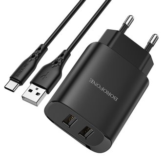 BOROFONE BN2 Super Fast Oplader 2-poorten + USB-C Kabel Zwart