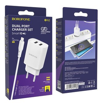 BOROFONE BN2 Super Fast Oplader 2-poorten + Lightning Kabel Wit