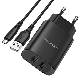 BOROFONE BN2 Super Fast Oplader 2-poorten + Micro-USB Kabel Zwart