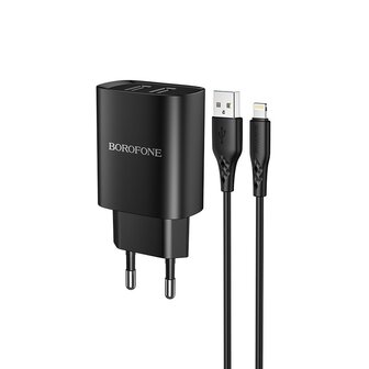 BOROFONE BN2 Super Fast Oplader 2-poorten + Lightning Kabel Zwart