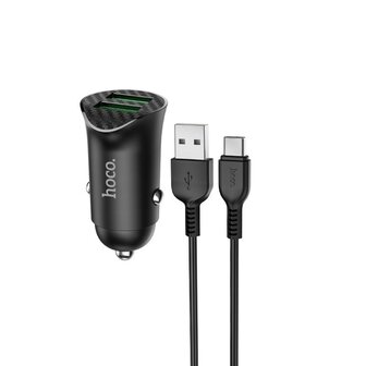 HOCO Z39 Farsighted QC3.0 Auto-Oplader 2-poorten + USB-C Kabel Zwart