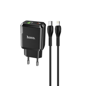 HOCO N5 Favor PD20W+QC3.0 Oplader 2-Poorten + Lightning Kabel Zwart