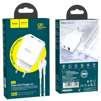 HOCO N5 Favor PD20W+QC3.0 Oplader 2-Poorten + Lightning Kabel Wit