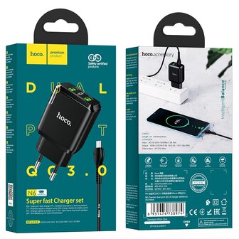 HOCO N6 Charmer QC3.0 Oplader 2-poorten + Micro-USB Kabel Zwart