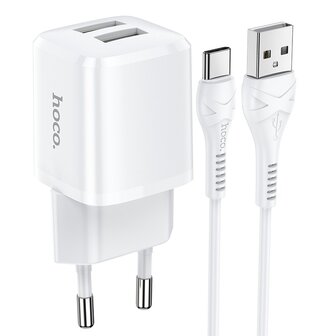 HOCO N8 Briar Oplader 2-poorten + USB-C Kabel Wit