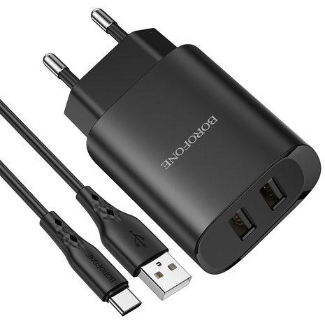 BOROFONE BN2 Super Fast Oplader 2-poorten + USB-C Kabel Zwart