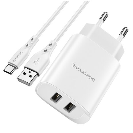 BOROFONE BN2 Super Fast Oplader 2-poorten + USB-C Kabel Wit