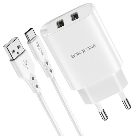 BOROFONE BN2 Super Fast Oplader 2-poorten + USB-C Kabel Wit