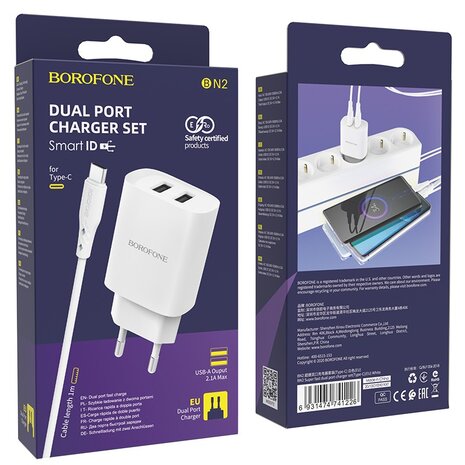 BOROFONE BN2 Super Fast Oplader 2-poorten + USB-C Kabel Wit