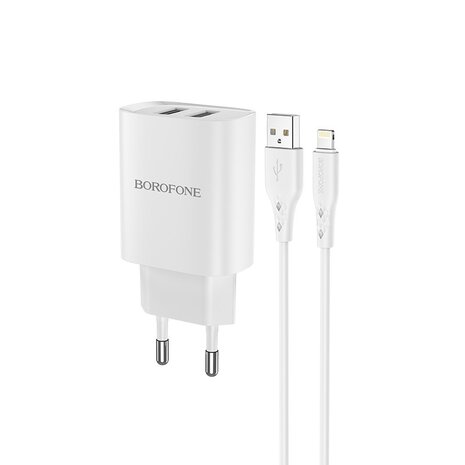 BOROFONE BN2 Super Fast Oplader 2-poorten + Lightning Kabel Wit