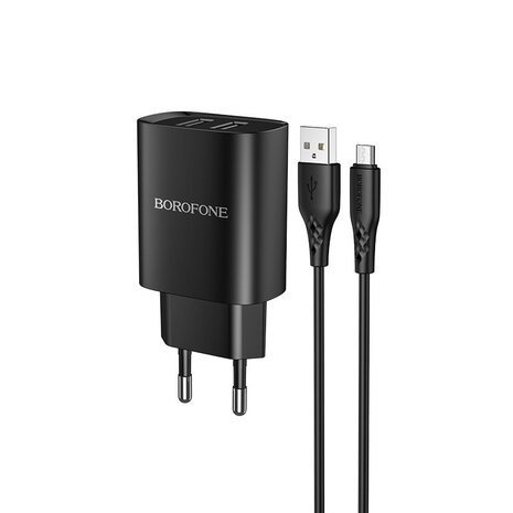 BOROFONE BN2 Super Fast Oplader 2-poorten + Micro-USB Kabel Zwart