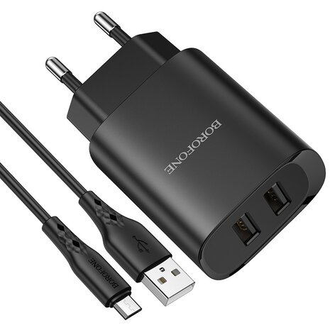 BOROFONE BN2 Super Fast Oplader 2-poorten + Micro-USB Kabel Zwart