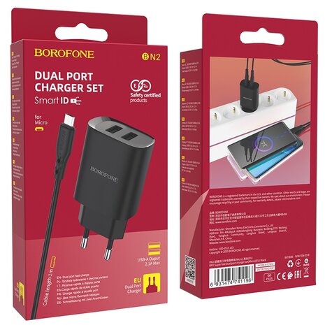 BOROFONE BN2 Super Fast Oplader 2-poorten + Micro-USB Kabel Zwart