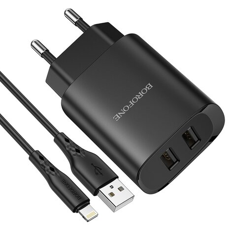 BOROFONE BN2 Super Fast Oplader 2-poorten + Lightning Kabel Zwart