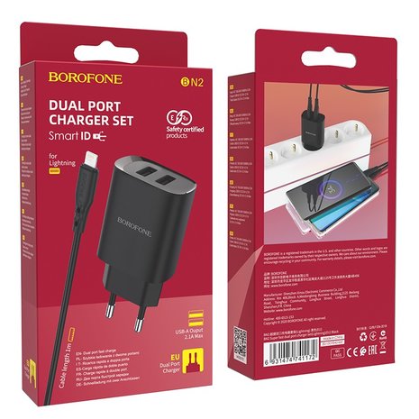 BOROFONE BN2 Super Fast Oplader 2-poorten + Lightning Kabel Zwart