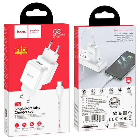 HOCO N2 Vigour Oplader + USB-C Kabel Wit