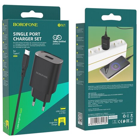 BOROFONE BN1 Innovative Oplader + USB-C Kabel Zwart