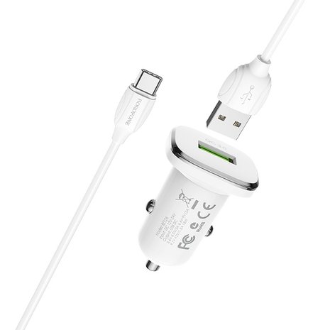 BOROFONE BZ12A Lasting Power QC3.0 Auto-Oplader + USB-C Kabel Wit