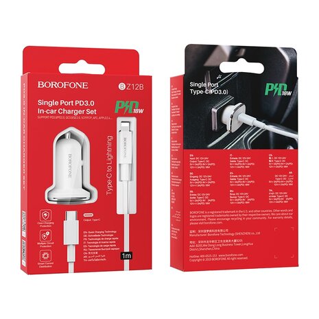 BOROFONE BZ12B Lasting Power PD3.0 Auto-Oplader + Lightning Kabel Wit