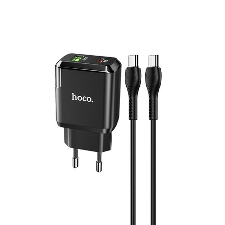 HOCO N5 Favor PD20W+QC3.0 Oplader 2-Poorten + USB-C Kabel Zwart
