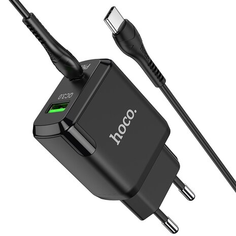 HOCO N5 Favor PD20W+QC3.0 Oplader 2-Poorten + USB-C Kabel Zwart