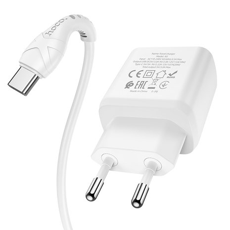 HOCO N5 Favor PD20W+QC3.0 Oplader 2-Poorten + USB-C Kabel Wit