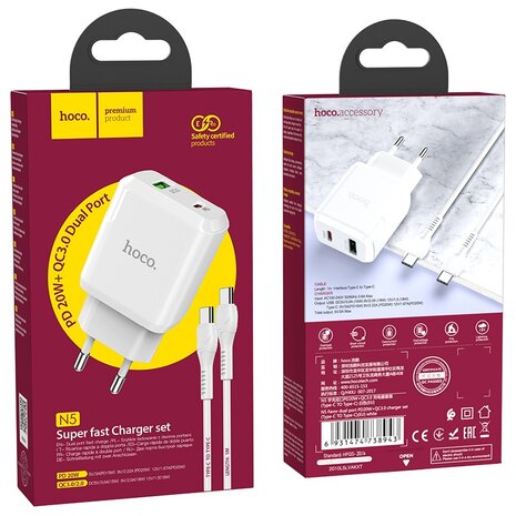 HOCO N5 Favor PD20W+QC3.0 Oplader 2-Poorten + USB-C Kabel Wit