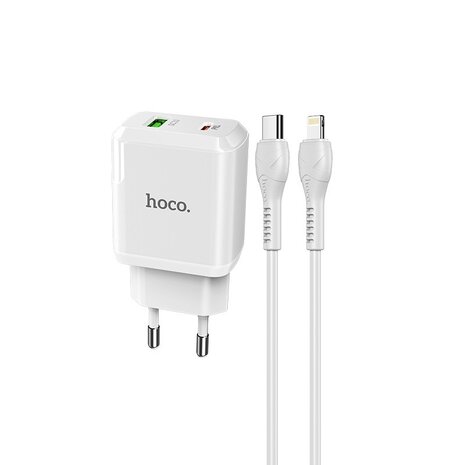 HOCO N5 Favor PD20W+QC3.0 Oplader 2-Poorten + Lightning Kabel Wit