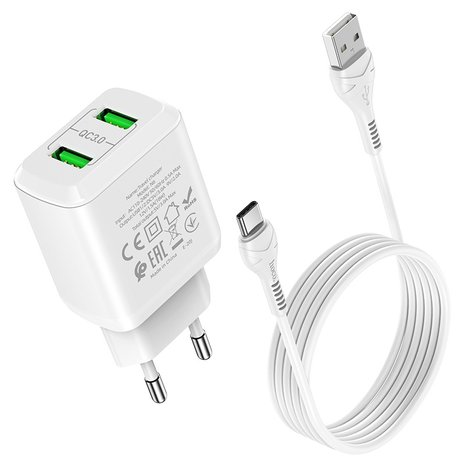 HOCO N6 Charmer QC3.0 Oplader 2-poorten + USB-C Kabel Wit