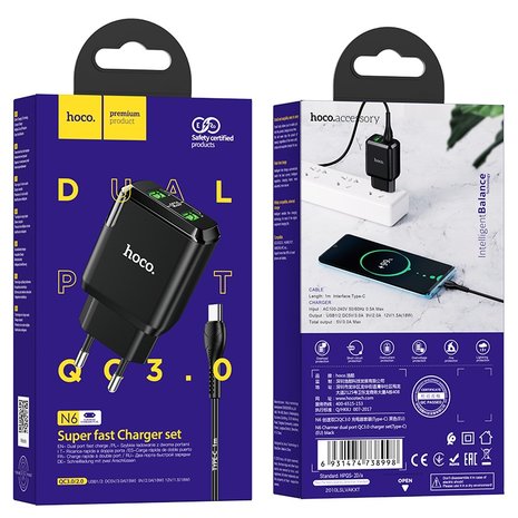 HOCO N6 Charmer QC3.0 Oplader 2-poorten + USB-C Kabel Zwart